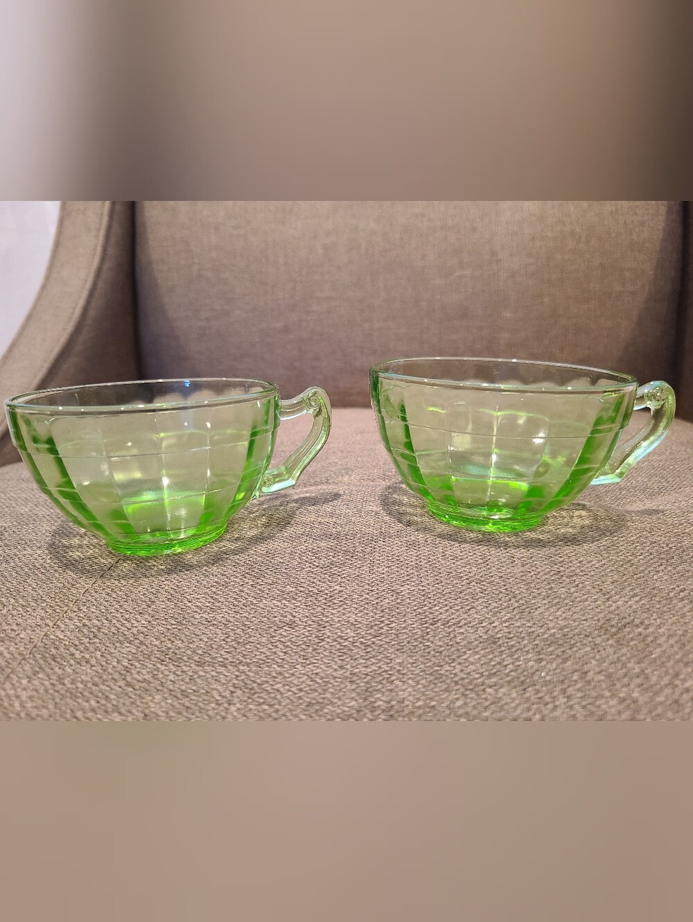 Vintage Anchor Hocking Block Optic green depression tea cups from the 1930s